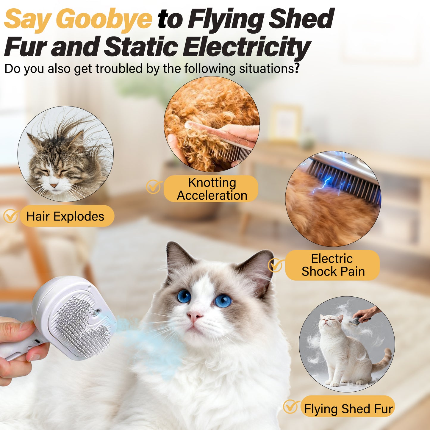 FYNIGO 3-in-1 Dog Brush & Cat Brush for Shedding with Spray, Self-Cleaning Deshedding Pet Steam Brush for Grooming, Antistatic Massage Brush for Indoor Cats & Long Short Haired Dogs