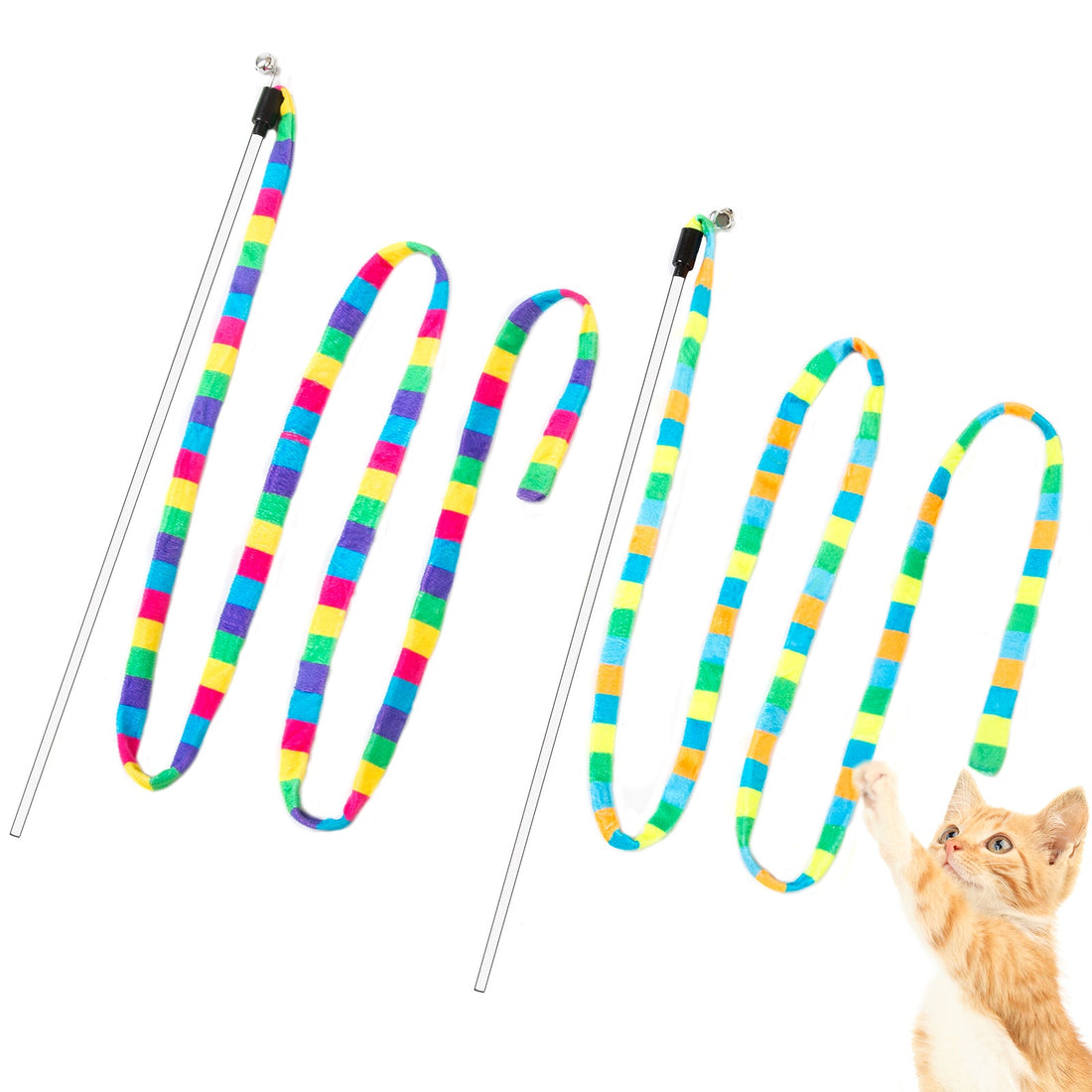 A kitten playing with a rainbow cat wand