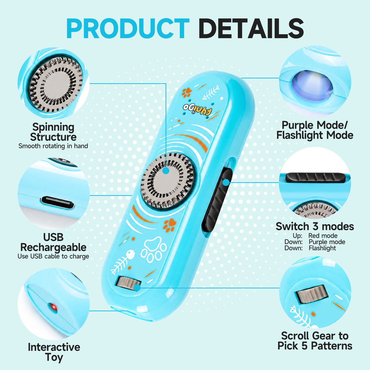 FYNIGO Interactive Cat Laser Toys for Indoor Cats Adult and Kittens, Finger Rotatable, Rechargeable Cat Teaser Wand Toy with 4 Modes & 5 Fun Patterns