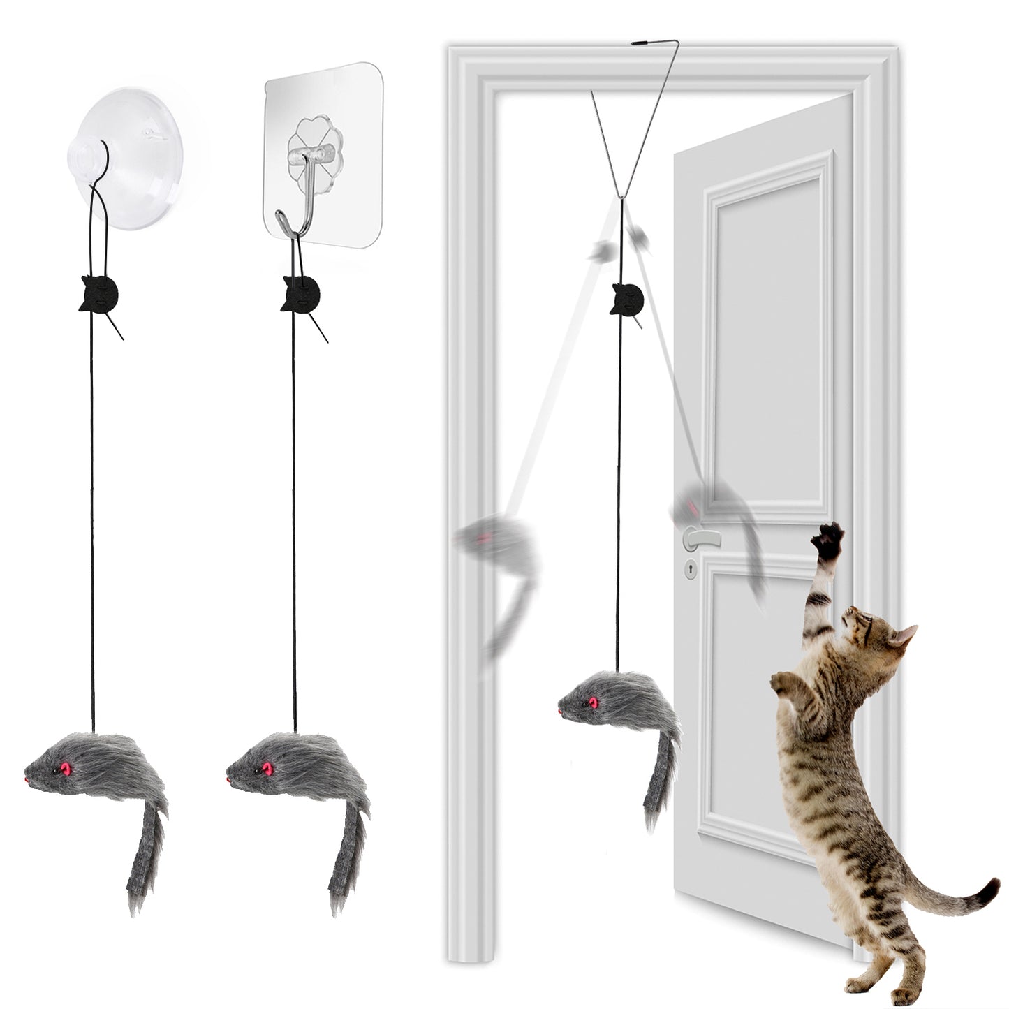FYNIGO Selbstspielendes 3-Wege-Katzenmausspielzeug zum Aufhängen an der Tür, hängendes Katzenspielzeug für Katzen im Innenbereich, Kätzchen, interaktives Katzenmäusespielzeug zum Jagen, Trainieren, Jagen, Spielen