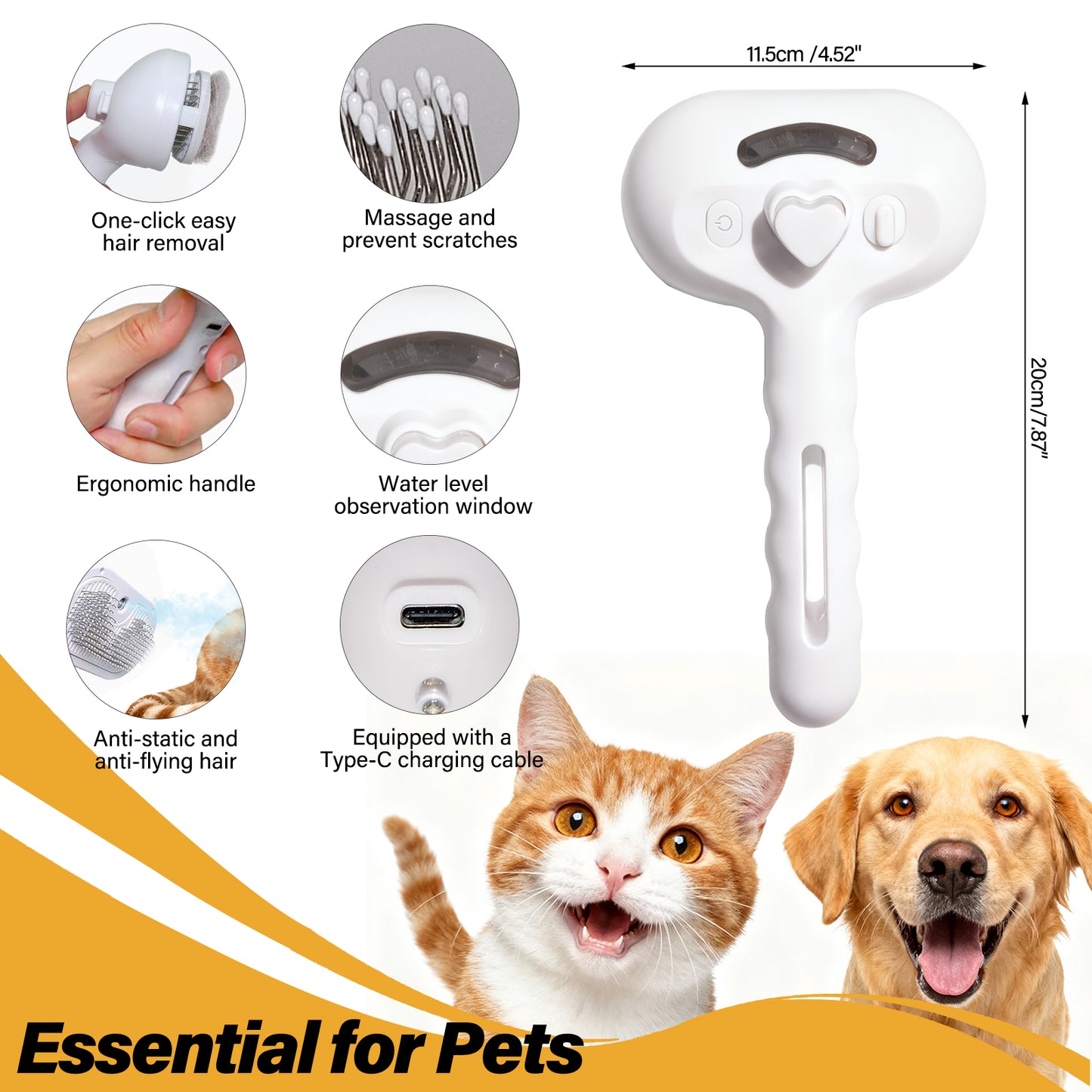 FYNIGO 3-in-1 Dog Brush & Cat Brush for Shedding with Spray, Self-Cleaning Deshedding Pet Steam Brush for Grooming, Antistatic Massage Brush for Indoor Cats & Long Short Haired Dogs